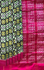 Black Pochampally Ikat Saree with Pink Border and Pallu