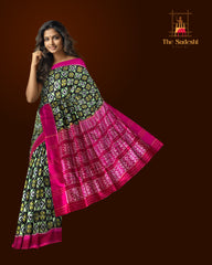Black Pochampally Ikat Saree with Pink Border and Pallu