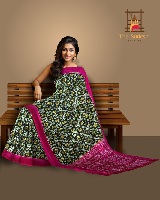 Black Pochampally Ikat Saree with Pink Border and Pallu