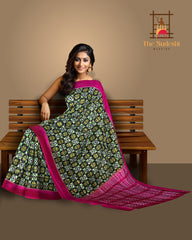 Black Pochampally Ikat Saree with Pink Border and Pallu