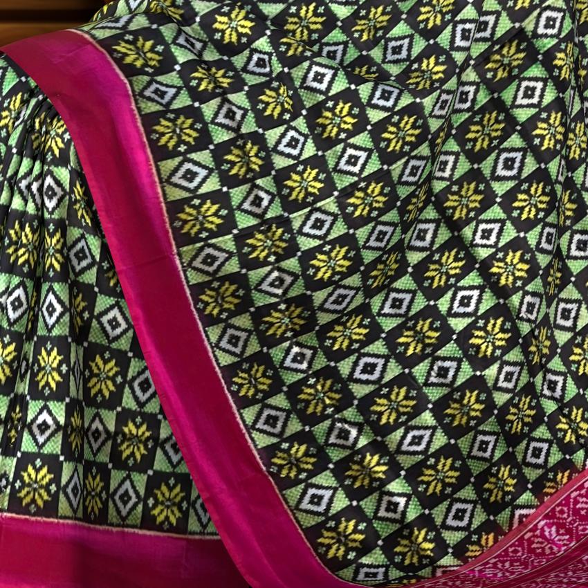 Black Pochampally Ikat Saree with Pink Border and Pallu