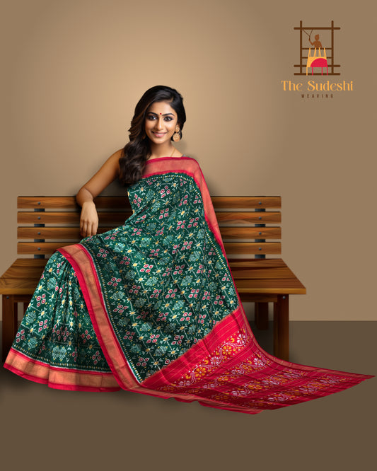 Green Pochampally Ikat Saree with Red Border and Pallu