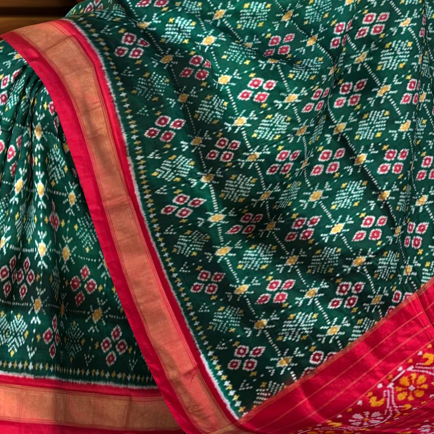 Green Pochampally Ikat Saree with Red Border and Pallu