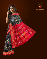 Black Pochampally Ikat Saree with Red Border and Pallu
