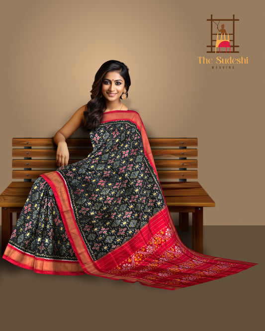 Black Pochampally Ikat Saree with Red Border and Pallu
