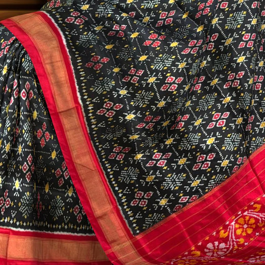Black Pochampally Ikat Saree with Red Border and Pallu
