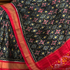 Black Pochampally Ikat Saree with Red Border and Pallu
