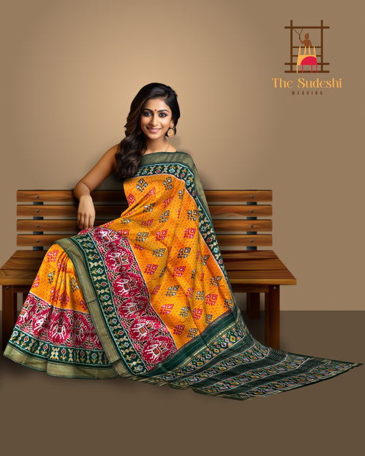 Yellow Pochampally Ikat Saree with Green Border and Pallu