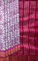Grey Pochampally Ikat Saree with Pink Border and Pallu