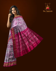 Grey Pochampally Ikat Saree with Pink Border and Pallu