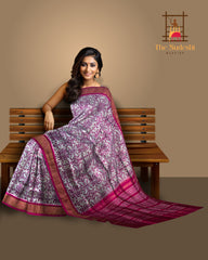 Grey Pochampally Ikat Saree with Pink Border and Pallu