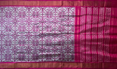 Grey Pochampally Ikat Saree with Pink Border and Pallu