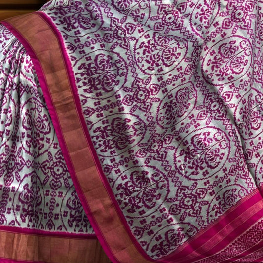 Grey Pochampally Ikat Saree with Pink Border and Pallu
