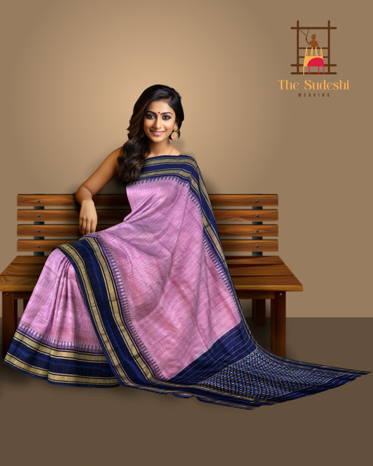 Pink Pochampally Ikat Saree with Blue Border and Pallu