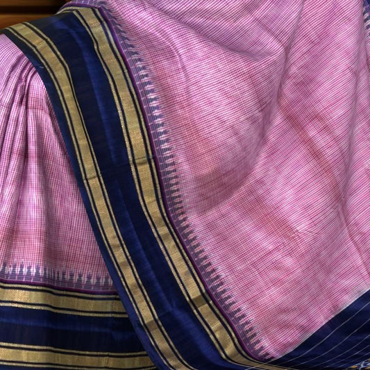Pink Pochampally Ikat Saree with Blue Border and Pallu