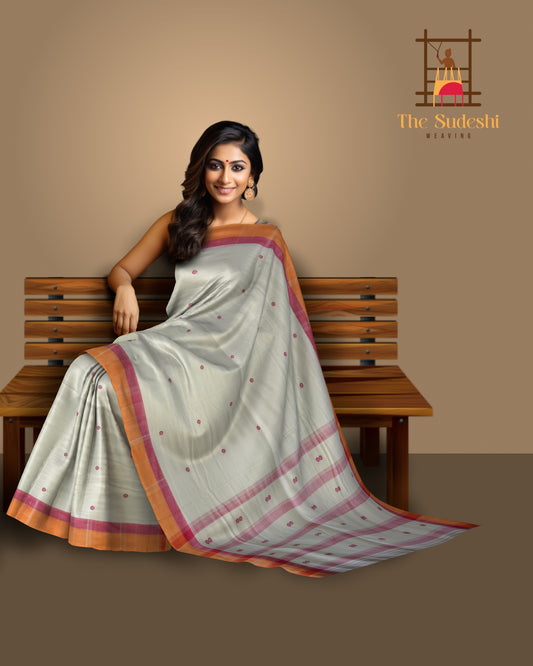 White Modal-Eri Silk Saree with Orange Border