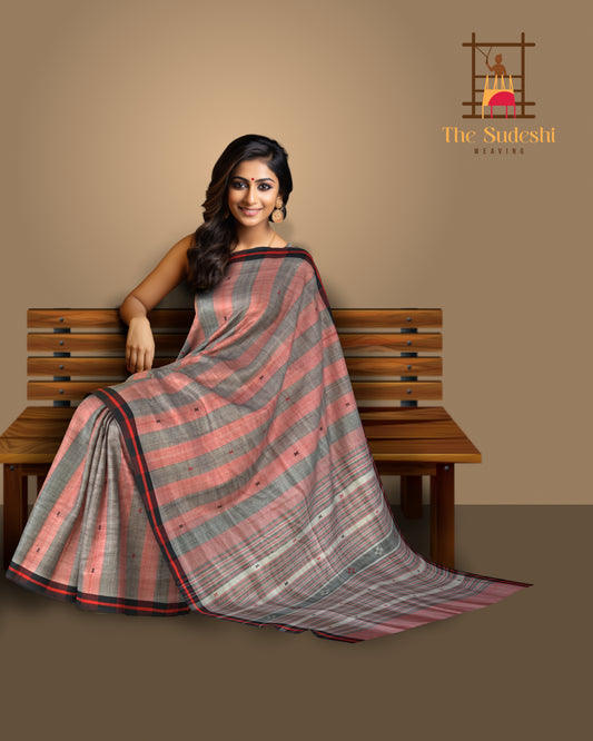 Red Cotton-Eri Silk Saree with Black Border