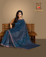 Blue Eri Silk Saree with Pink Border and Motifs from Kamrup