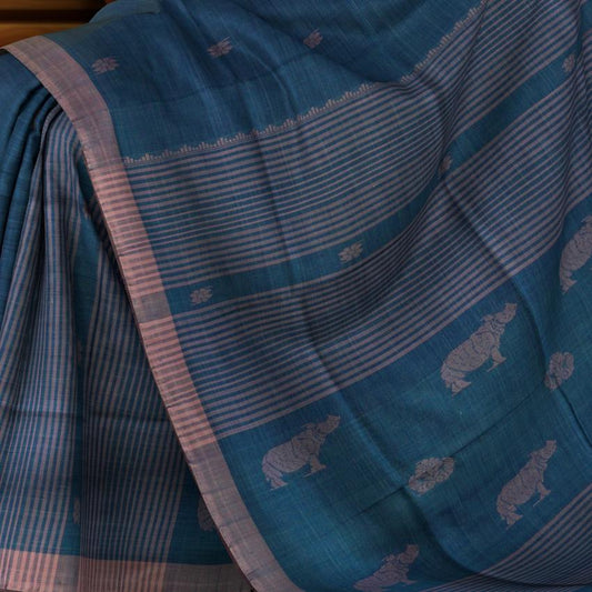 Blue Eri Silk Saree with Pink Border and Motifs from Kamrup