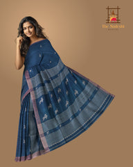 Blue Eri Silk Kamrup Saree with Pink Border and Motifs