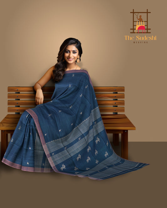 Blue Eri Silk Kamrup Saree with Pink Border and Motifs