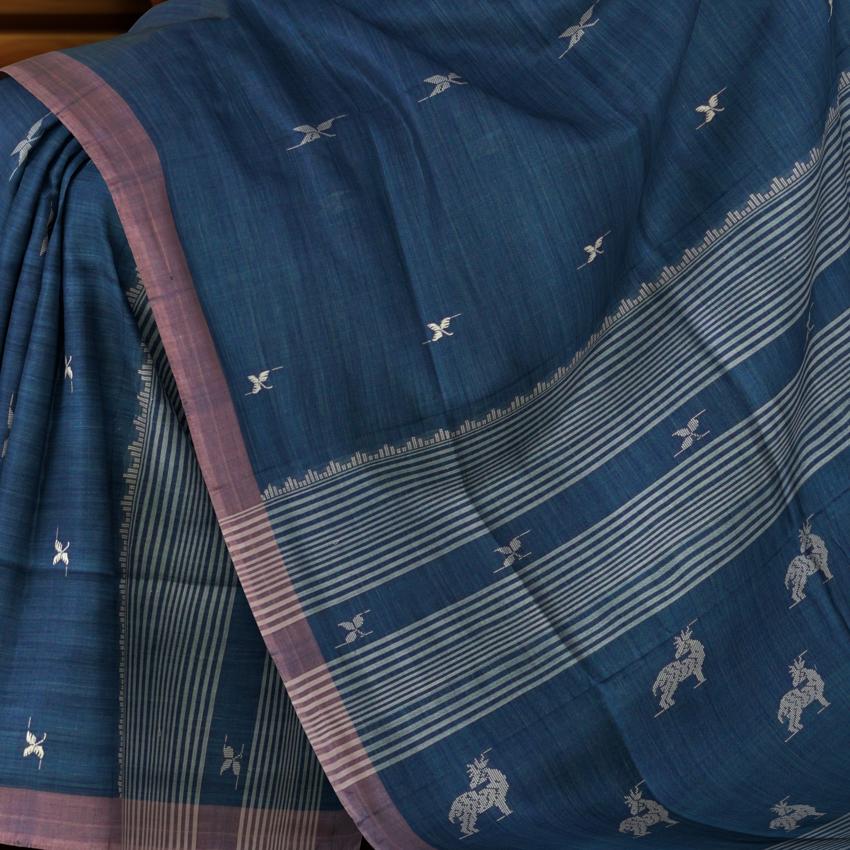 Blue Eri Silk Kamrup Saree with Pink Border and Motifs