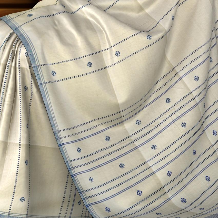 White Eri Silk Saree with Blue Border