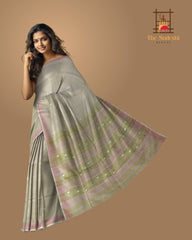 Green Cotton-Eri Silk Saree with White Border