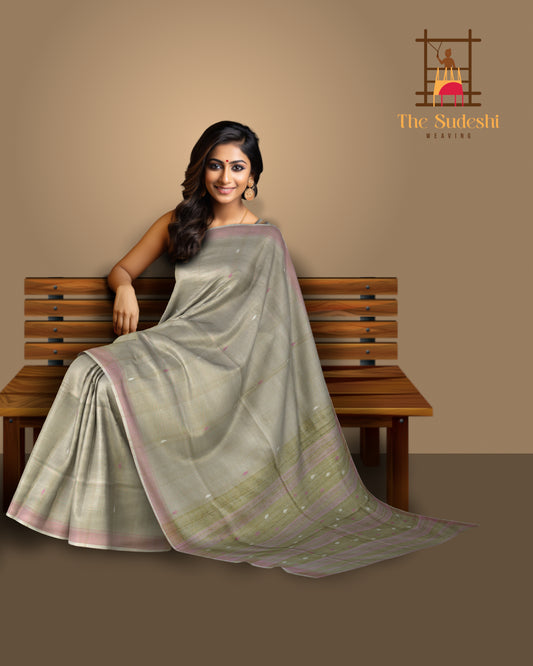 Green Cotton-Eri Silk Saree with White Border