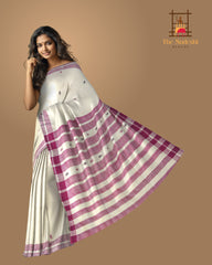 White Eri Silk Saree with Pink Border and Buttis