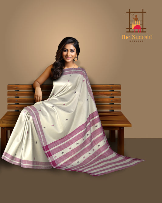 White Eri Silk Saree with Pink Border and Buttis