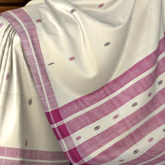 White Eri Silk Saree with Pink Border and Buttis