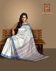 White Cotton Saree with Blue Border and Buttis