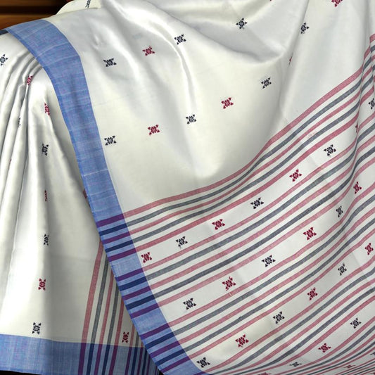 White Cotton Saree with Blue Border and Buttis