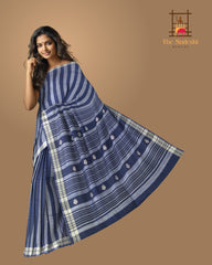 Blue Cotton Saree with White Border and Buttis in Pallu