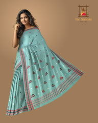 Blue Cotton Saree with Red Border and Buttis from Kamrup