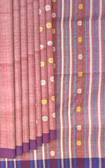 Peach Cotton Saree with Purple Border and Buttis