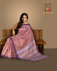 Peach Cotton Saree with Purple Border and Buttis