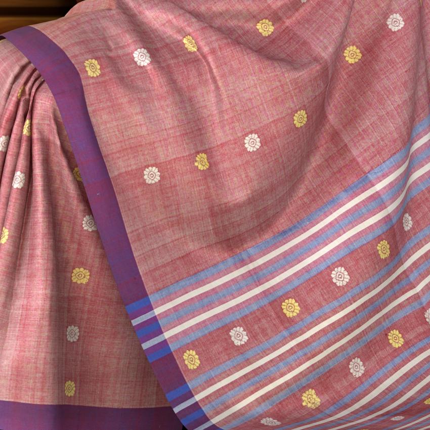 Peach Cotton Saree with Purple Border and Buttis