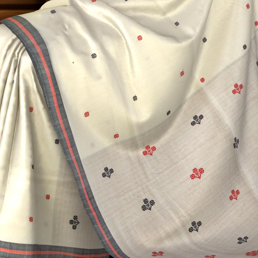 White Cotton Saree with Black Border and Buttis