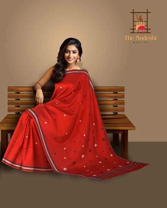 Red Cotton Saree with Black Border and Buttis