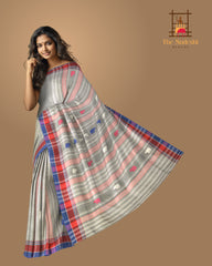 Grey Cotton Saree with Blue Border and Buttis