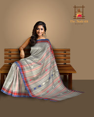 Grey Cotton Saree with Blue Border and Buttis