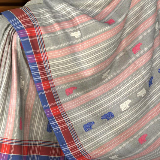 Grey Cotton Saree with Blue Border and Buttis