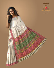 Beige Tussar Saree from Assam with Off-White Border and Pallu