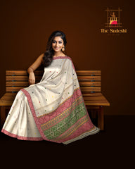 Beige Tussar Saree from Assam with Off-White Border and Pallu