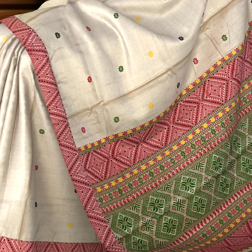 Beige Tussar Saree from Assam with Off-White Border and Pallu