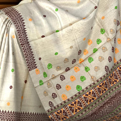 Beige Tussar Saree from Assam with Dark Maroon Border and Pallu