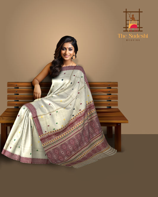 Beige Tussar Saree from Assam with Dark Maroon Border and Dark Pallu