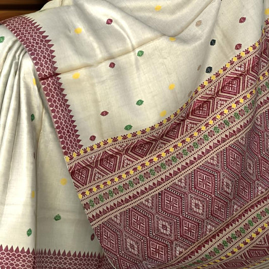 Beige Tussar Saree from Assam with Dark Maroon Border and Dark Pallu